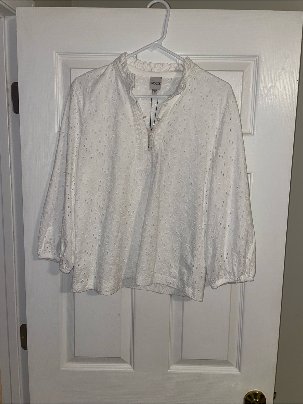 NIC+ZOE White Eyelet Half-Zip Ruffle Neck Blouse